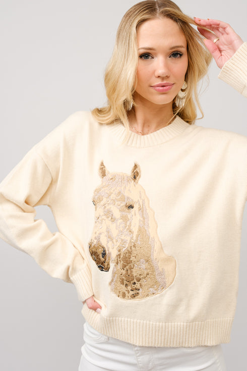 EMBROID SPARKLE HORSE SWEATER